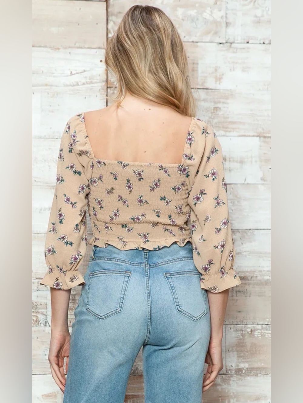 Papermoon Floral Ruched Tie-Front Crop Top in Beige - Picture 2 of 7